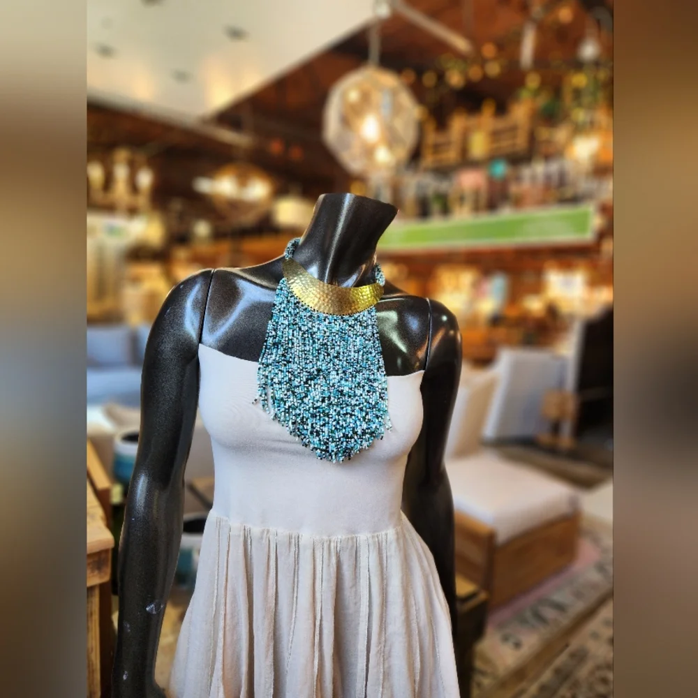 Hand Hammered Brass, Green, Gold, White and Blue Beaded Statement Necklace - Picture 7 of 16